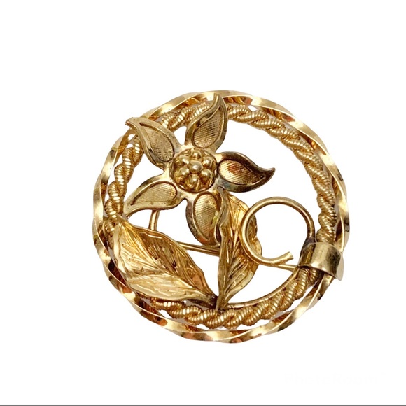 12k gold filled flower circle wreath brooch pin - Picture 1 of 10